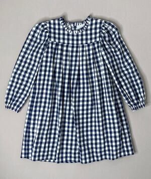 Busy Bees Gingham Check Navy Blue/White Long Sleeve Dress Girls 6 Yrs